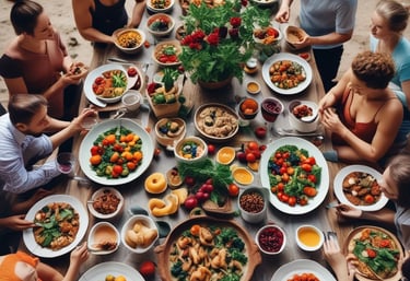 A peaceful outdoor setting with couples practicing yoga together in nature.