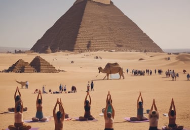 A group of people practicing yoga outdoors surrounded by ancient stone structures under a bright sky.