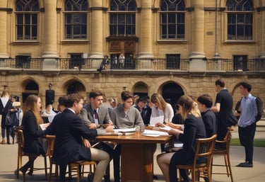 A group of diverse students engaged in collaborative learning at Oxford University.