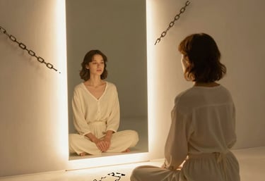 A serene person meditating outdoors surrounded by nature and soft sunlight.