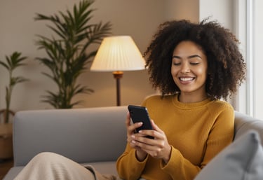 A beautiful woman smiling at her phone as she uses the IC Ally mobile app for symptom tracking