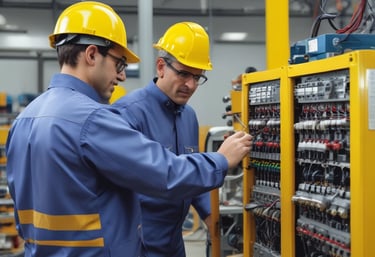 An engineer inspecting electrical equipment in a well-lit industrial setting.