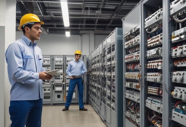 A team of professionals collaborating on an electrical project in a modern workspace.