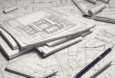 Modern architectural blueprint spread across a wooden table with drafting tools.