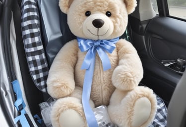 Several car care products, including bottles of wax and detailing spray, are placed on a soft cloth in a garage setting. A red tool chest stands in the background, slightly out of focus, against a backdrop of shelves and storage areas. The products feature prominent labels and branding.