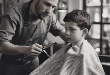 A stylish barber shop interior with modern decor and grooming stations.