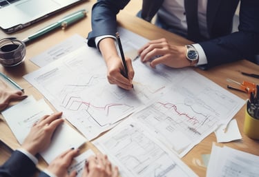 A wooden table with various items arranged on it including a crumpled piece of paper with the words 'Marketing Strategy', an iron, a pot plant, three markers, and two books. One of the books is titled 'A Designer's Guide to Marketing and Pricing'.