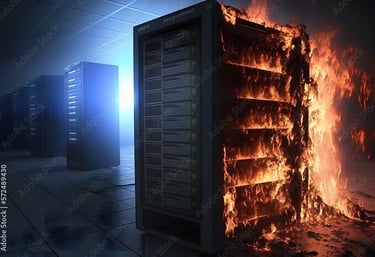 a server room with a fire in the background
