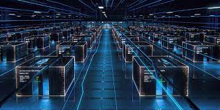 a large room with rows of servers and rows of servers