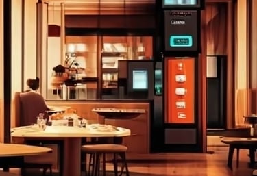 a restaurant with a vending machine in the middle of the room