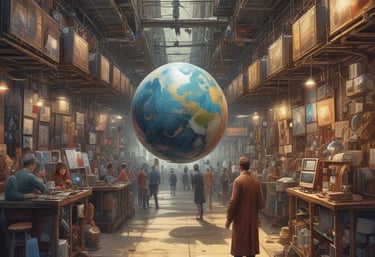 a man standing in a room with a globe globe