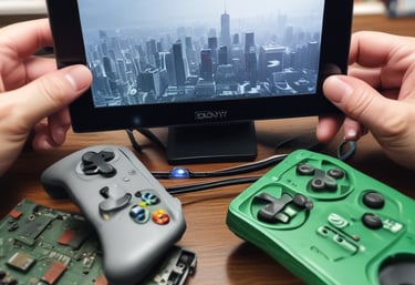 A computer monitor displays a webpage featuring an Xbox console and controller, with various repair options listed on the right. In front of the monitor, there is an actual Xbox console and a controller positioned on a white surface. A small USB device is placed between the console and the monitor.