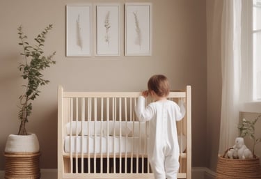 Boy standing over baby cot