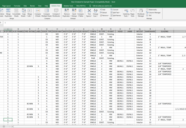 Image of a door schedule after it has been transferred to a MS Excel spread sheet. 