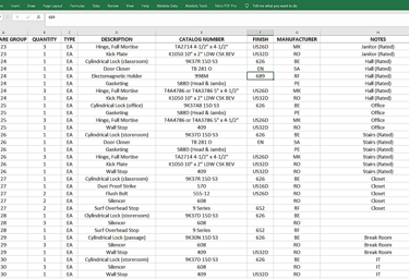 Image of a hardware schedule in MS Excel after it has been transferred from the PDF specifications. 