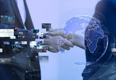two humans shake hands with overlays of a globe and several AI technologies merging