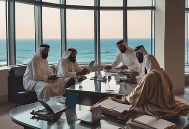 A modern, multi-story building under construction is centrally featured. The facade is primarily white, with large glass sections and several balconies. Surrounding the building are construction materials, including stacks of stone slabs. Advertising banners with colorful designs are visible on the building, and partly cloudy skies are overhead.