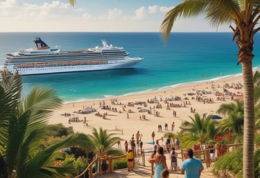 A neon sign with both English and Chinese characters illuminates against a dark background. The sign advertises a travel agency with services such as visa, tour, and ticket assistance. The surrounding area is dimly lit, with faint reflections visible.