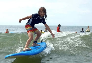 group of surf lesson students in New Hampshire and a boy riding a blue surboard in the foreground