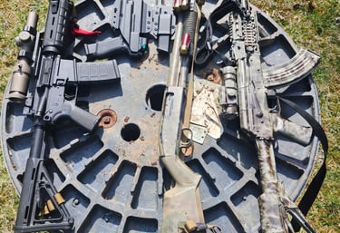 Various self-defense firearms on display.