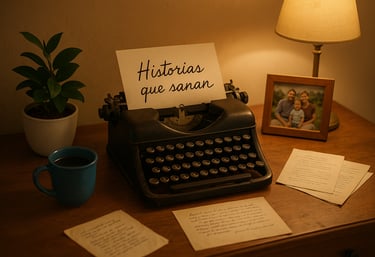 a typewriter typewriter on a desk with a notepad and a cup of