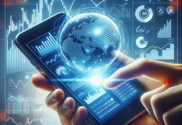 A hand holding a mobile phone displaying stock market charts showing positive trends and growth