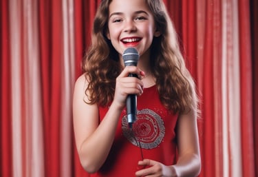 Children and teens performing on stage with bright smiles and colorful costumes.