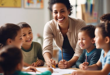 A colorful classroom with small tables and chairs, bright decorations, and educational materials. Children's artwork is displayed on the walls, and there are playful elements like painted benches and a vibrant alphabet rug.