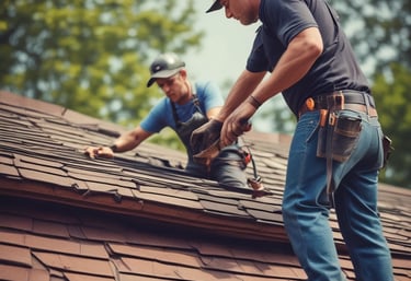 A person is working on a corrugated metal roof, wearing a harness for safety. They appear to be engaged in some kind of maintenance or repair work, holding equipment or tools. The roof is weathered and shows patches of rust and wear.