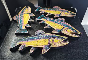 Trout Bottle openers on 3D printer bed
