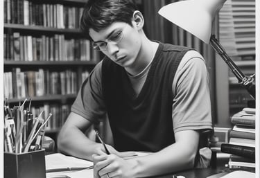 a man sitting at a desk with a pen and pencil