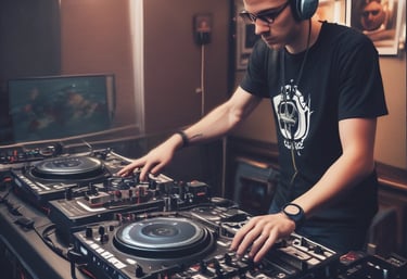 A DJ is performing in a dimly lit club environment, focusing intently on the turntable and mixer. Vibrant lighting effects create an atmospheric glow, bathing the equipment in shades of green and purple.