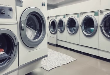 A laundromat interior featuring two stacked commercial washer and dryer machines. The machines have a capacity of 23 kg each. The front view displays control panels with various settings and instructions. The background includes a partially visible reception area with chairs, and there are informational posters mounted on a side wall.