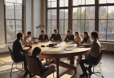 A film set scene with a group of people, including one person who appears to be acting, surrounded by cameras and lighting equipment. The setting has a warm, ambient lighting with decorations in the background and a red carpet on the floor.
