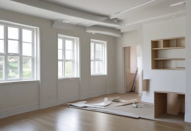 A large construction site with a modern multi-story building under renovation. A yellow crane is positioned near the building, and several workers in safety gear are visible on the rooftop, indicating ongoing construction work. Scaffolding is set up along the side of the building. The scene is sunlit under a clear blue sky.