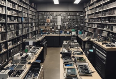 A retail store interior featuring a poster for phone repair, showcasing various smartphone images and the slogan 'You Break It, We Fix It!'. An ATM machine is positioned nearby, and a glass display case contains various products such as watches and small electronic items. Shelves under the counter hold boxed products.
