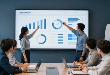 A collaborative team of diverse professionals analyzing data on a large wall screen in a sleek, blue-toned boardroom.