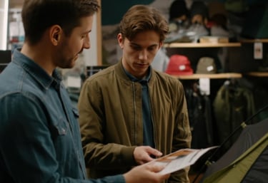 Client discussing product options with a Tellus Supplies representative inside a retail showroom