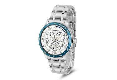 a watch with a white and blue watch face