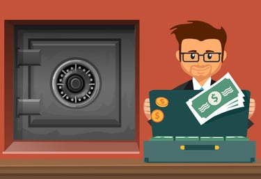 animated cartoon guy with briefcase of money and gold coins and safe in background