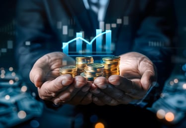 person holding gold in his hand with investing chart above symbolizing gold in markets and industry