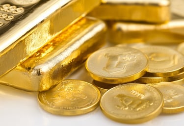high quality gold bars and coins in pile