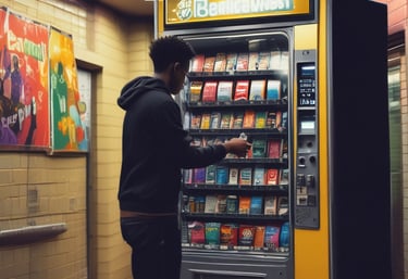 A vending machine stands on the right side of the image, next to a recycling bin. It's situated against the backdrop of a building with a grid-pattern facade. Most of the image is in shadow, giving a stark contrast between the lit vending machine and the dark foreground.