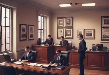 A professional lawyer consulting with a client in a modern office setting.