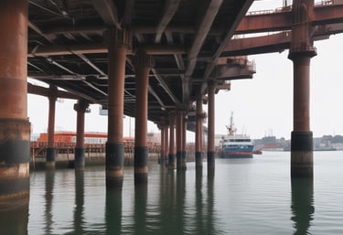 Underwater drone inspecting a ship hull near a port.