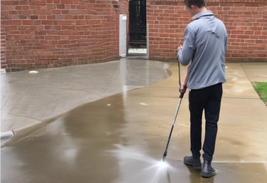 Before and after images of a pressure washed patio.
