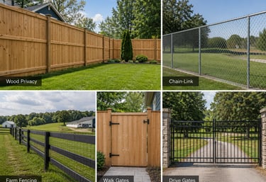 Collage of residential fencing options including wood privacy, chain-link, farm fence, walk gates, and driveway gates.