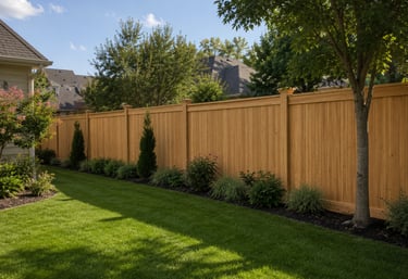 A tall cedar wood privacy fence bordering a lush green lawn and garden landscaping.
