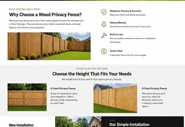Wood privacy fence installation services in West Georgia showing 6-foot and 8-foot cedar fencing options.