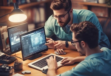 A diverse team of professionals collaborating around a computer, brainstorming ideas for a software project.